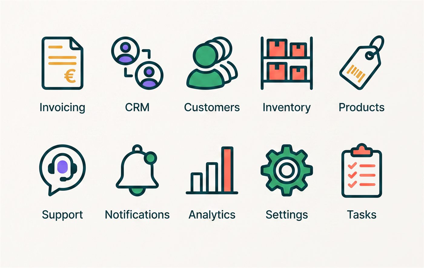 Set de iconos de producto de Bloq: facturación, CRM, clientes, inventario, productos, soporte y más