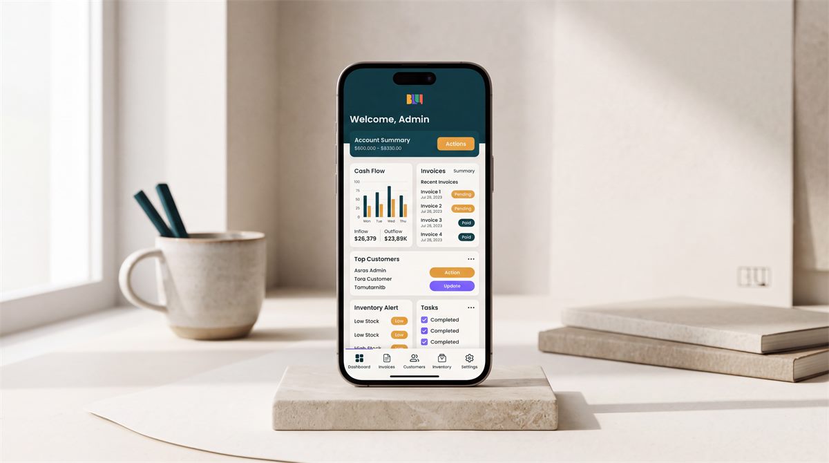 Mockup de la app de Bloq en un móvil apoyado sobre una mesa
