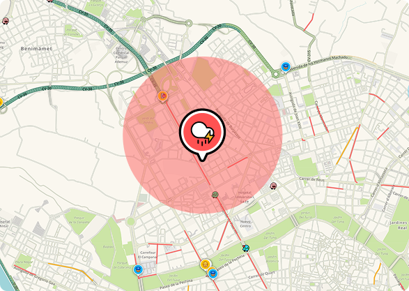 Mapa con zona de riesgo y alerta en ruta