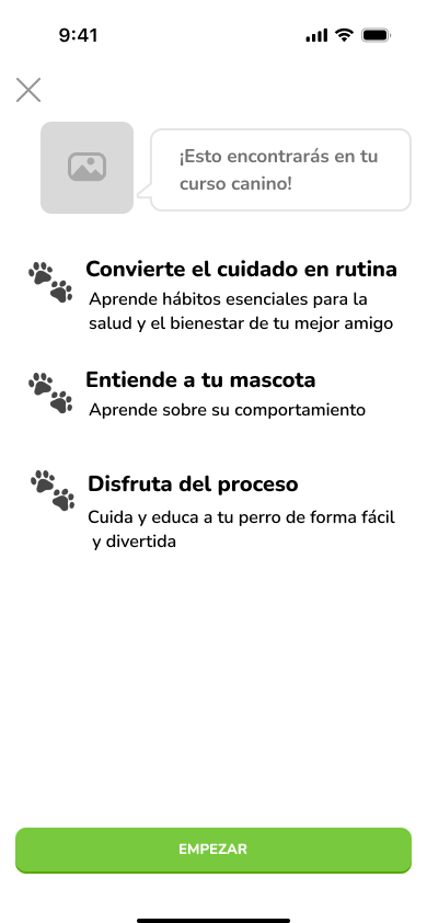 Pantalla de onboarding: presentación del curso canino en Duolingo